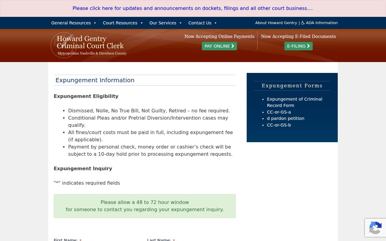 Davidson County criminal case search and expungement information