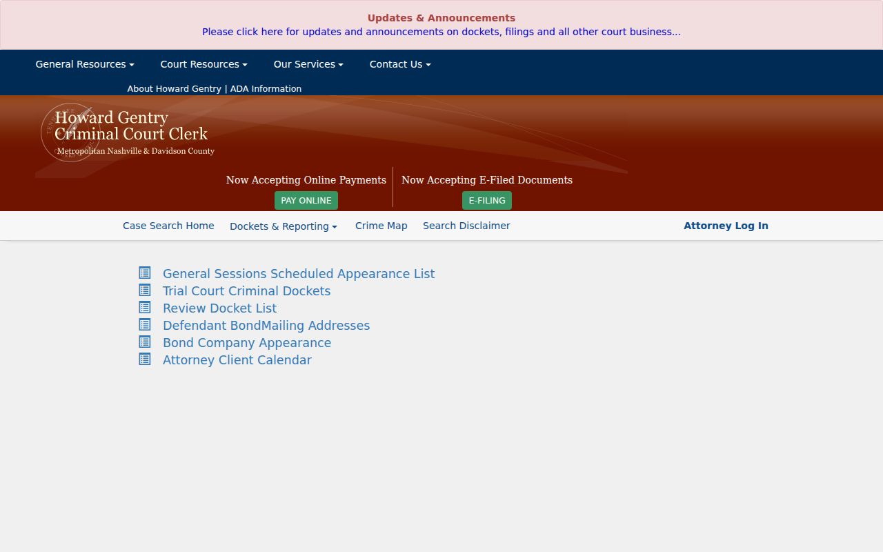 Davidson County criminal court reporting calendars