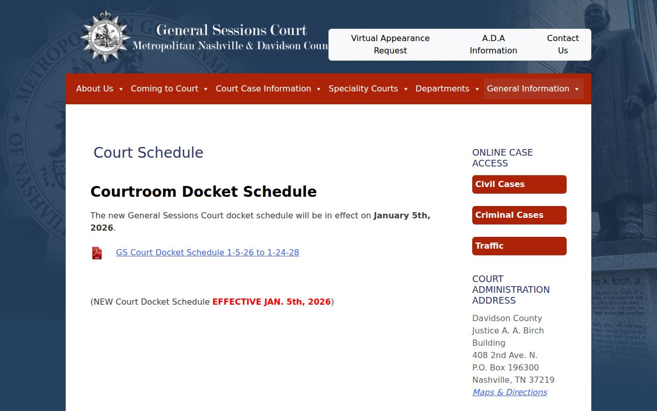 Current Davidson County General Sessions court schedule