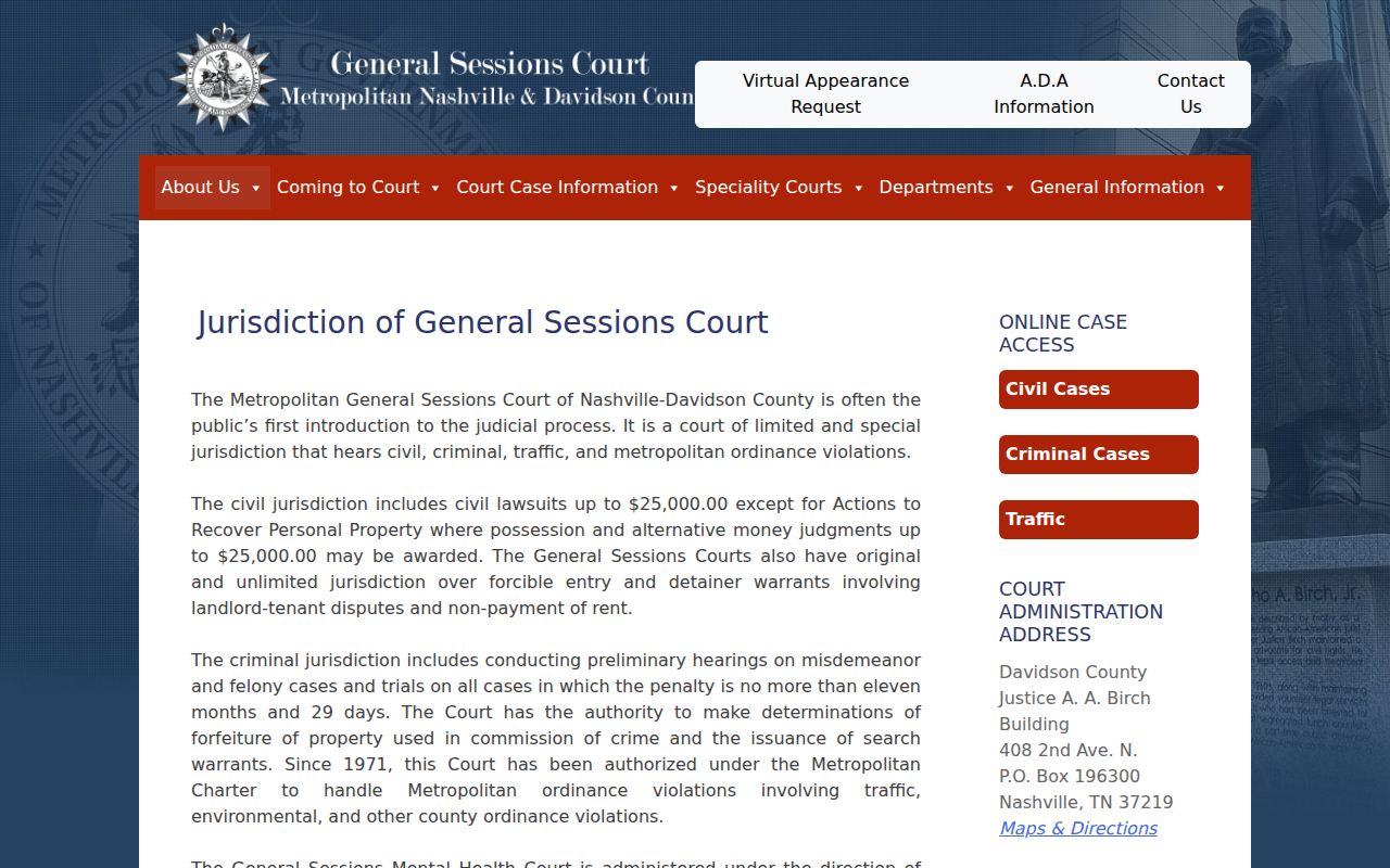 General Sessions jurisdiction information for Davidson County