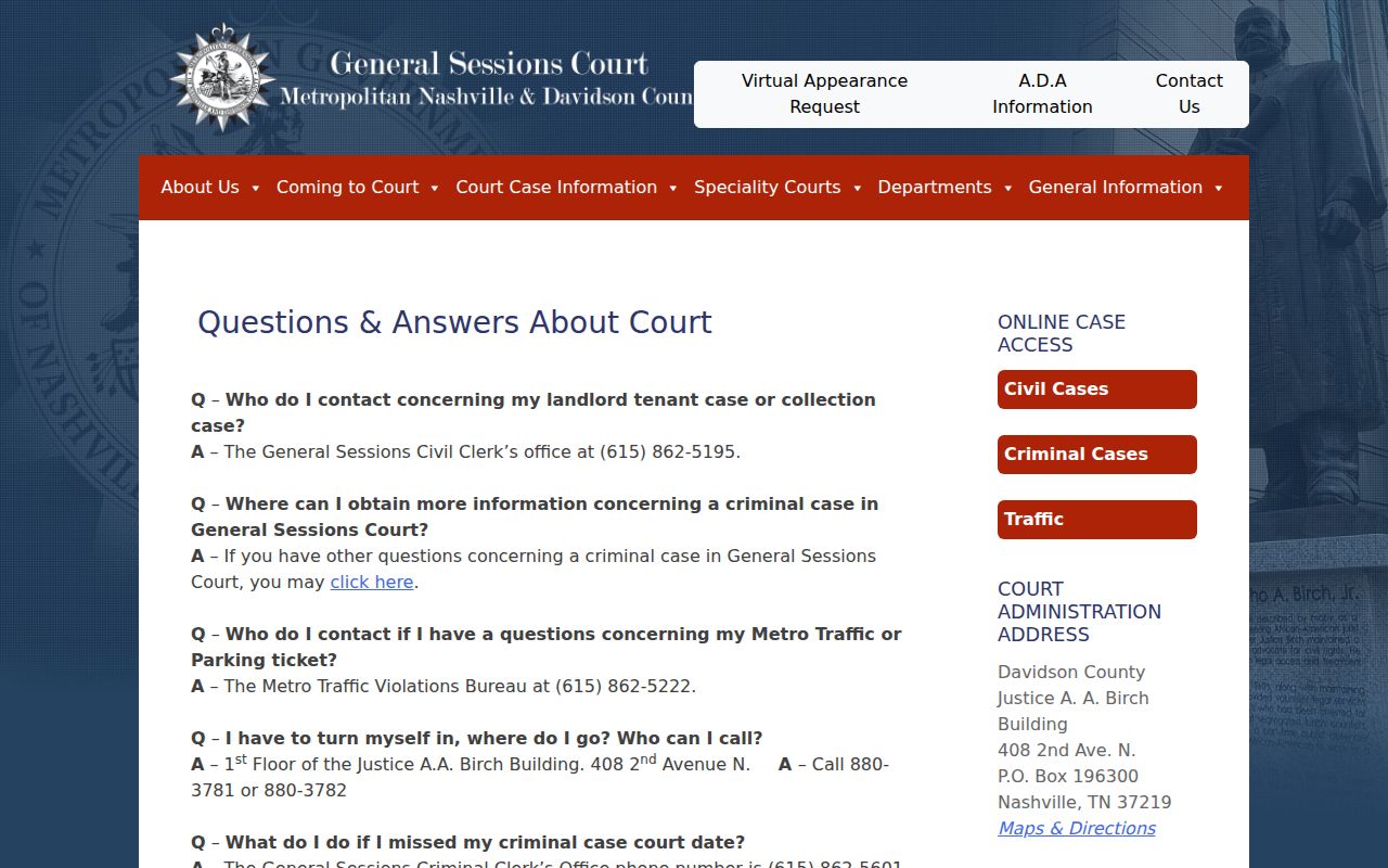 Davidson County General Sessions official court FAQ